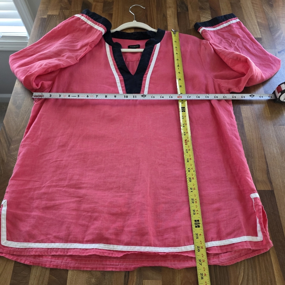 Talbots 100% Linen Long Sleeve Tunic Top Blouse Shirt Pink Navy Women's Large - Picture 8 of 9